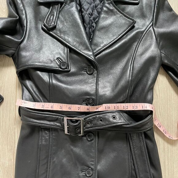 Calvin Klein Genuine Leather Trench Coat Women Small Black Classic Elegant Retro - Picture 14 of 15